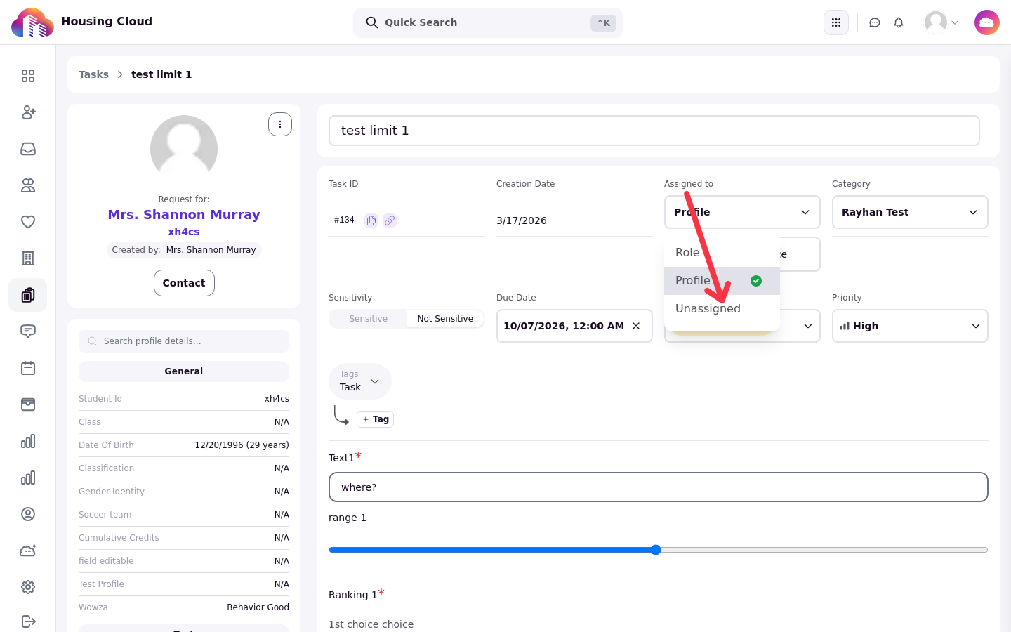 The Assignee picker in edit mode with Role, Profile and Unassigned options