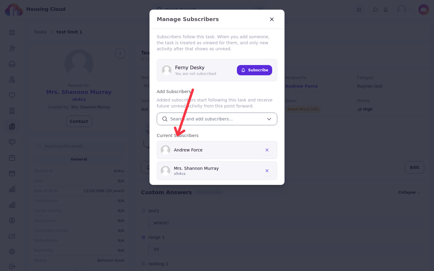 The Manage Subscribers modal listing current subscribers and a search box to add more