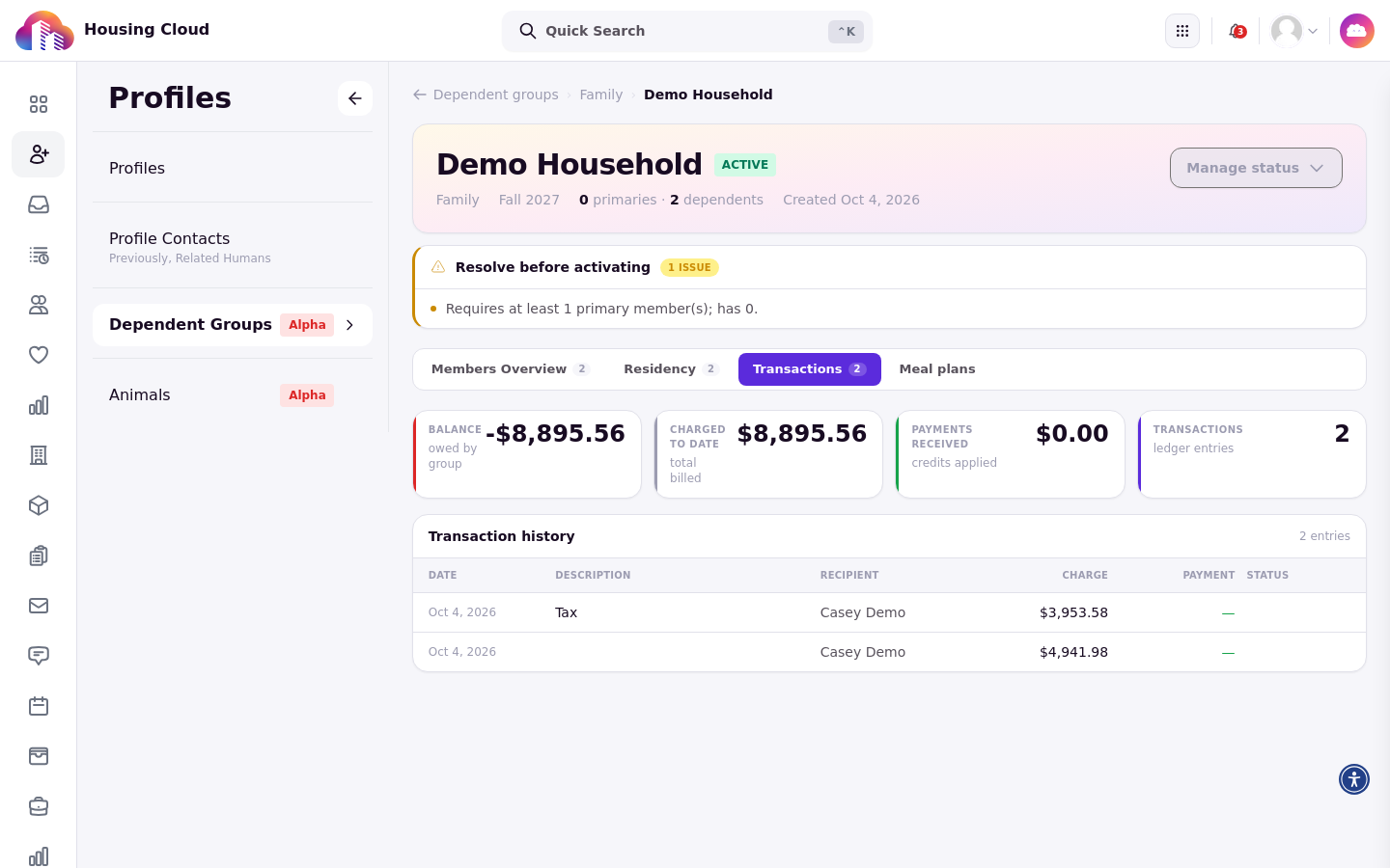The Transaction history table with its Date, Description, Recipient, Charge, Payment, and Status columns