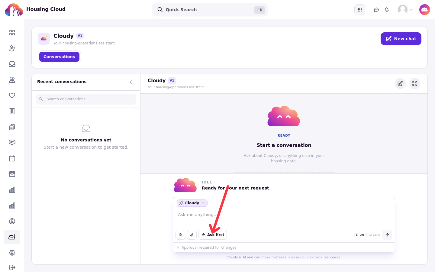 The Cloudy composer with the Ask first toggle and Approval required for changes