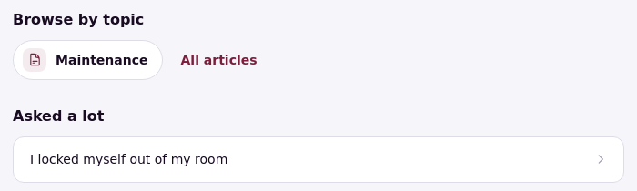 Browse by topic with a Maintenance topic and All articles, and Asked a lot showing I locked myself out of my room.