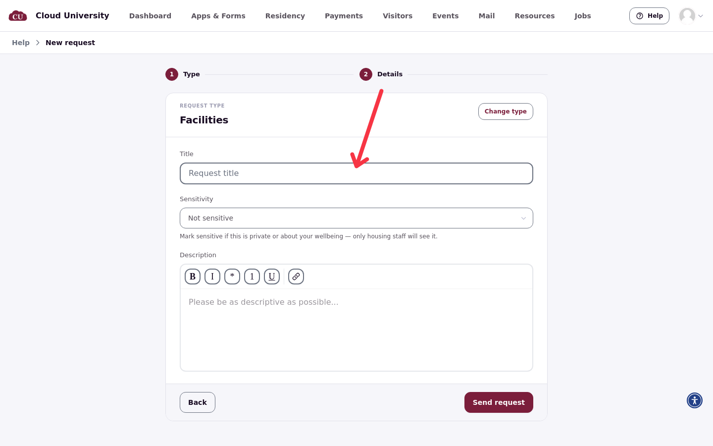 Details step for the Facilities type with Title, Sensitivity and Description fields