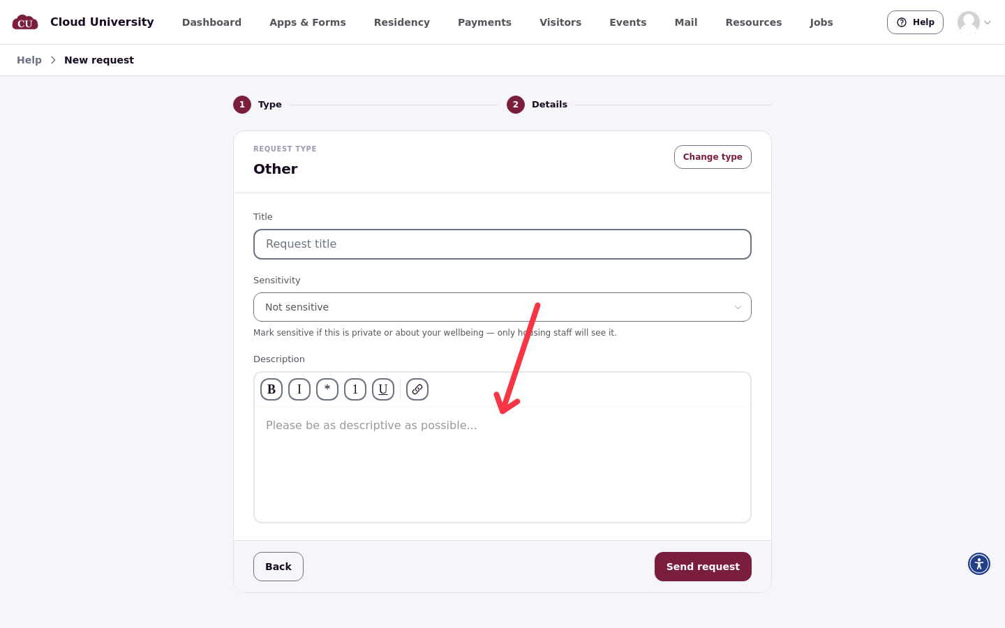 Details step for the Other type, showing the Description field instead of form questions