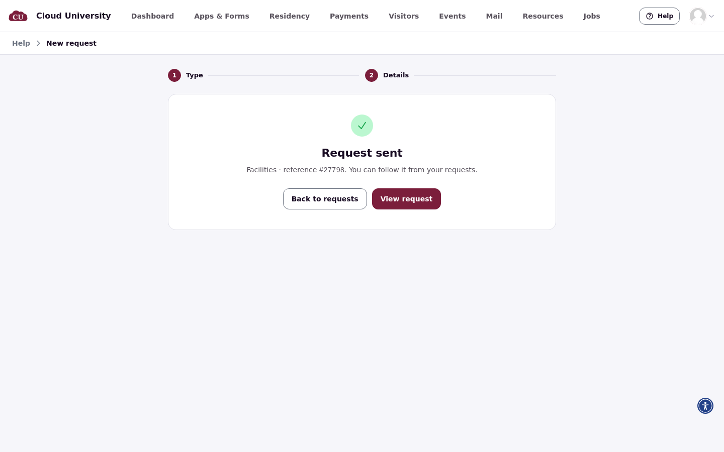Request sent confirmation with the reference number and the View request and Back to requests buttons