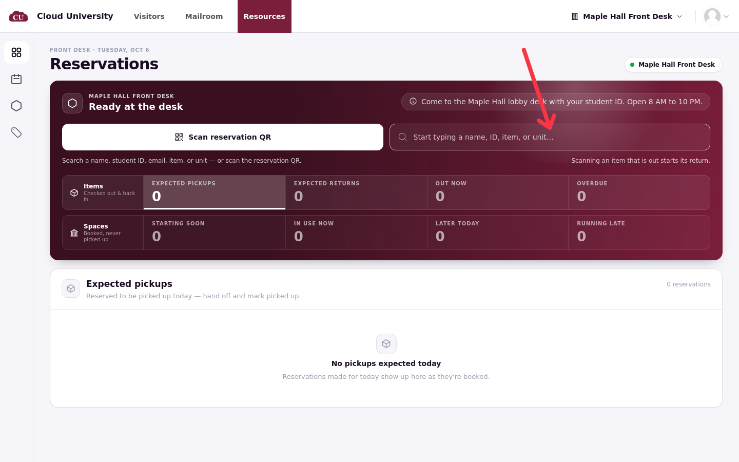The resources desk screen with an arrow pointing at the search box in the Ready at the desk card