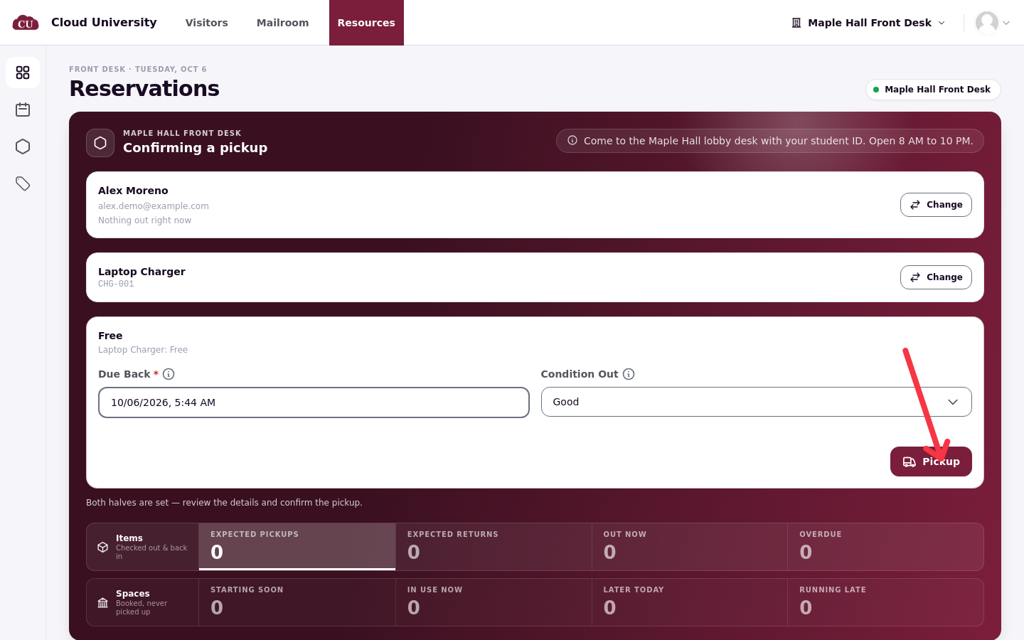 The pickup confirmation showing the borrower and item, the Due back field, Condition Out, and the Pickup button