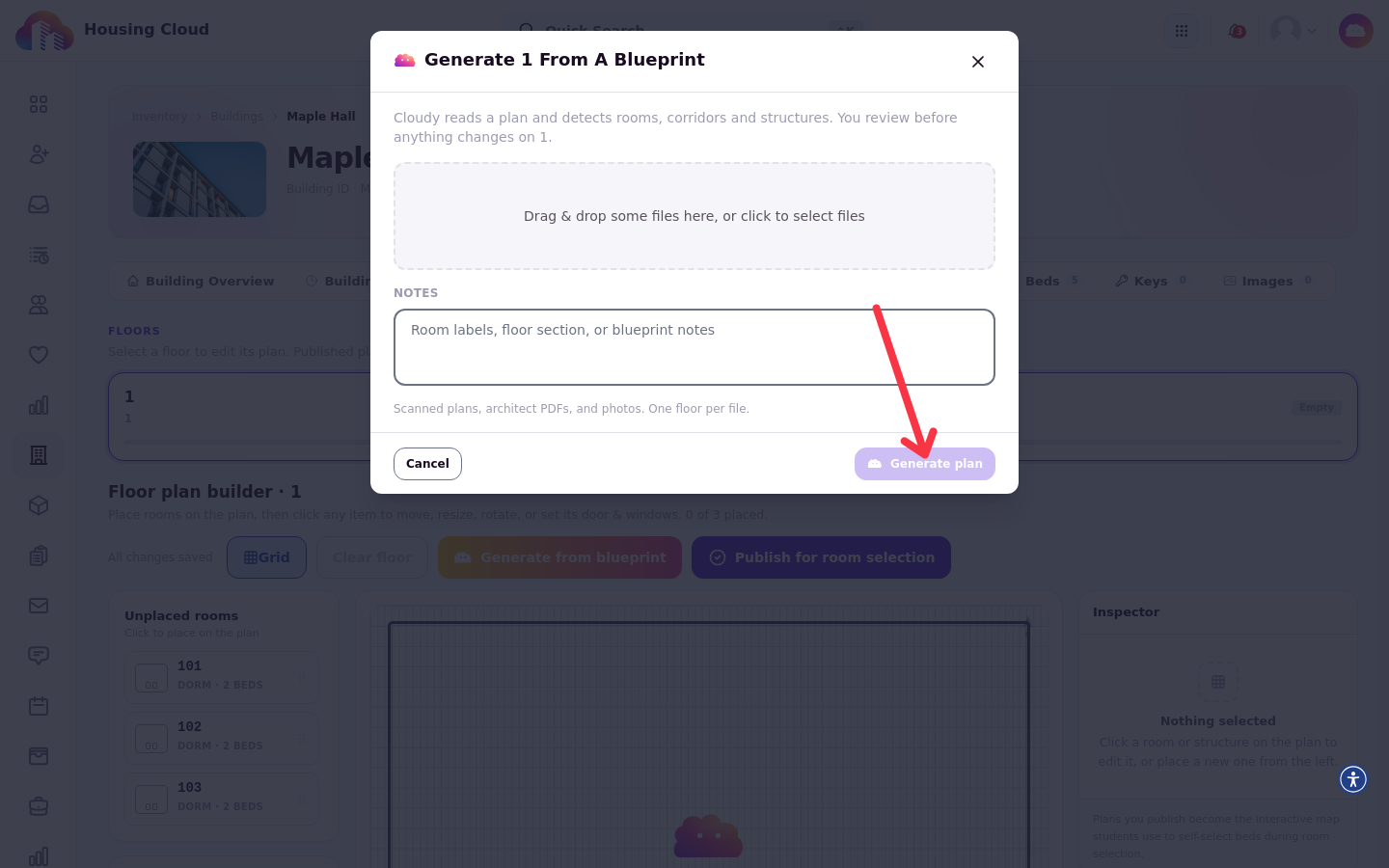 The blueprint modal with a file upload, optional notes and a Generate plan button