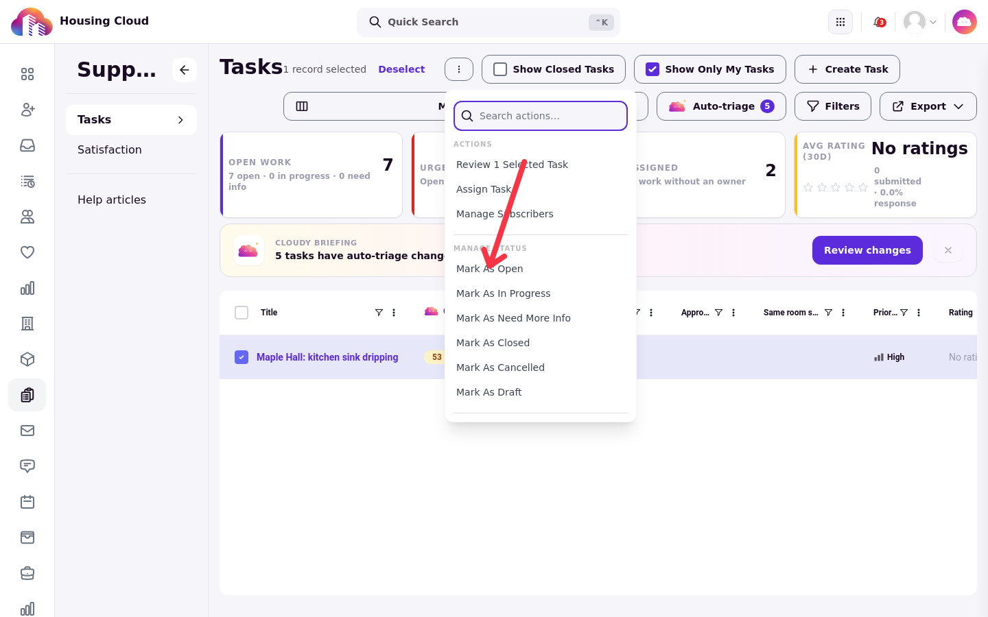 The Tasks queue with one task selected and the bulk-selection menu open, showing the Manage Status group with its Mark As actions.