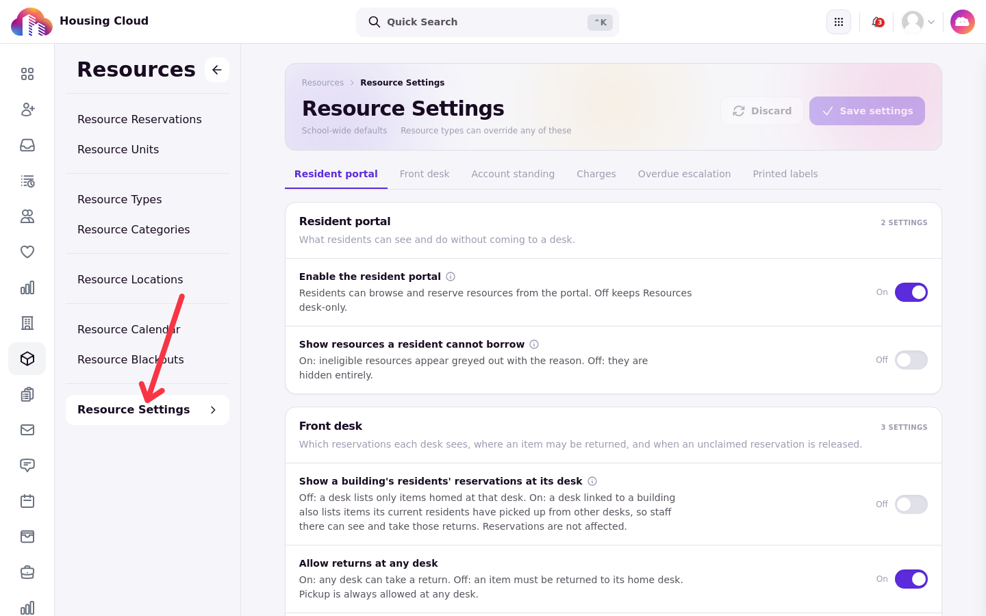 Resource Settings page with Resource Settings highlighted in the Resources sidebar and the Resident portal card open