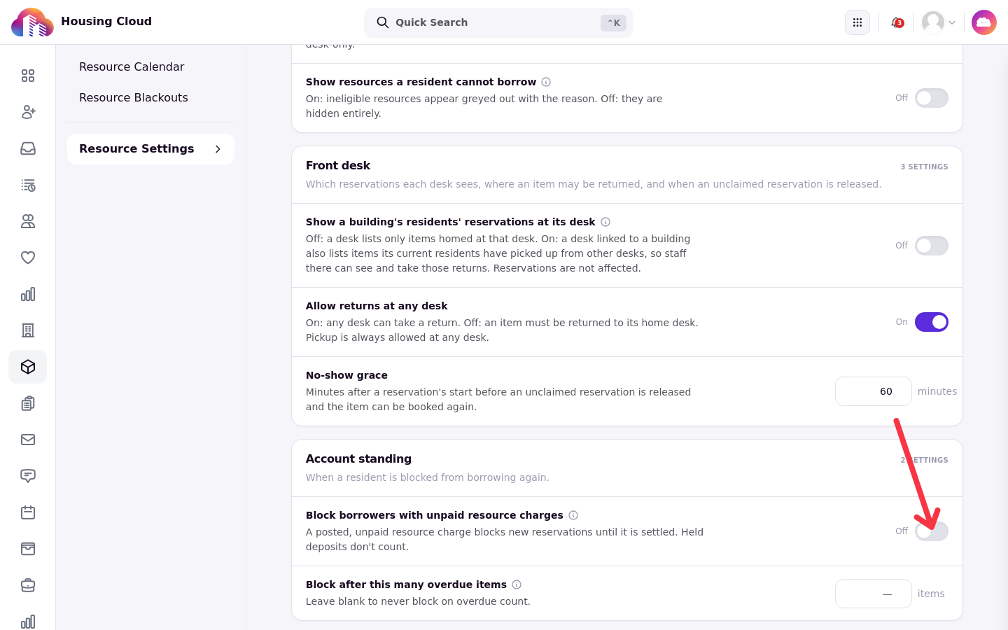 Account standing card with the Block borrowers with unpaid resource charges toggle annotated