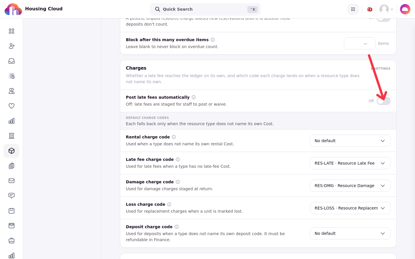 Charges card with the Post late fees automatically toggle annotated