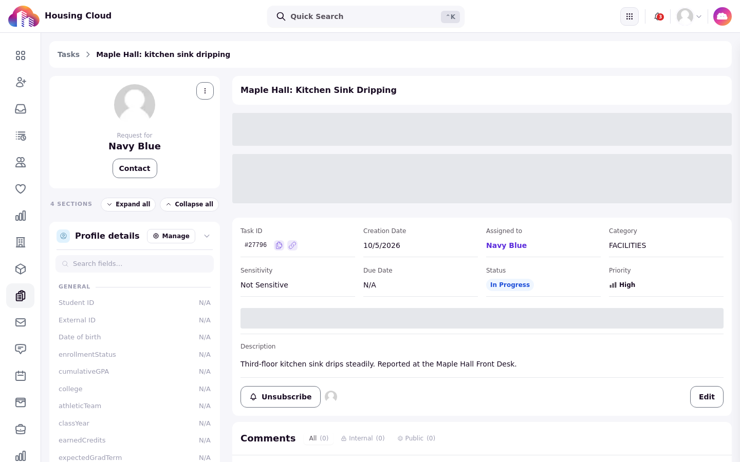 The task page showing the Status field set to In Progress.