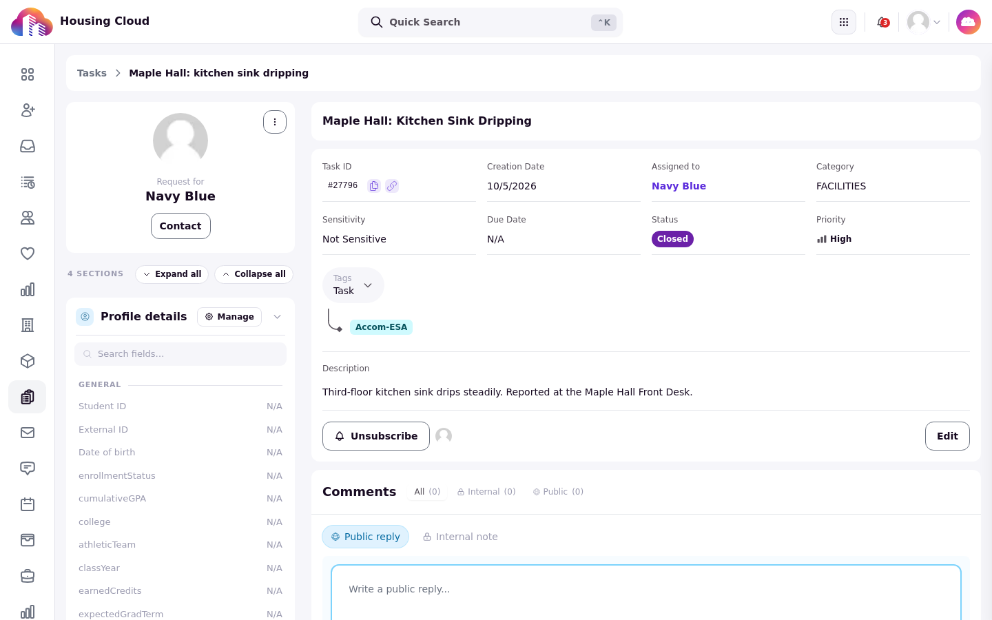 The task page showing the Status field set to Closed.