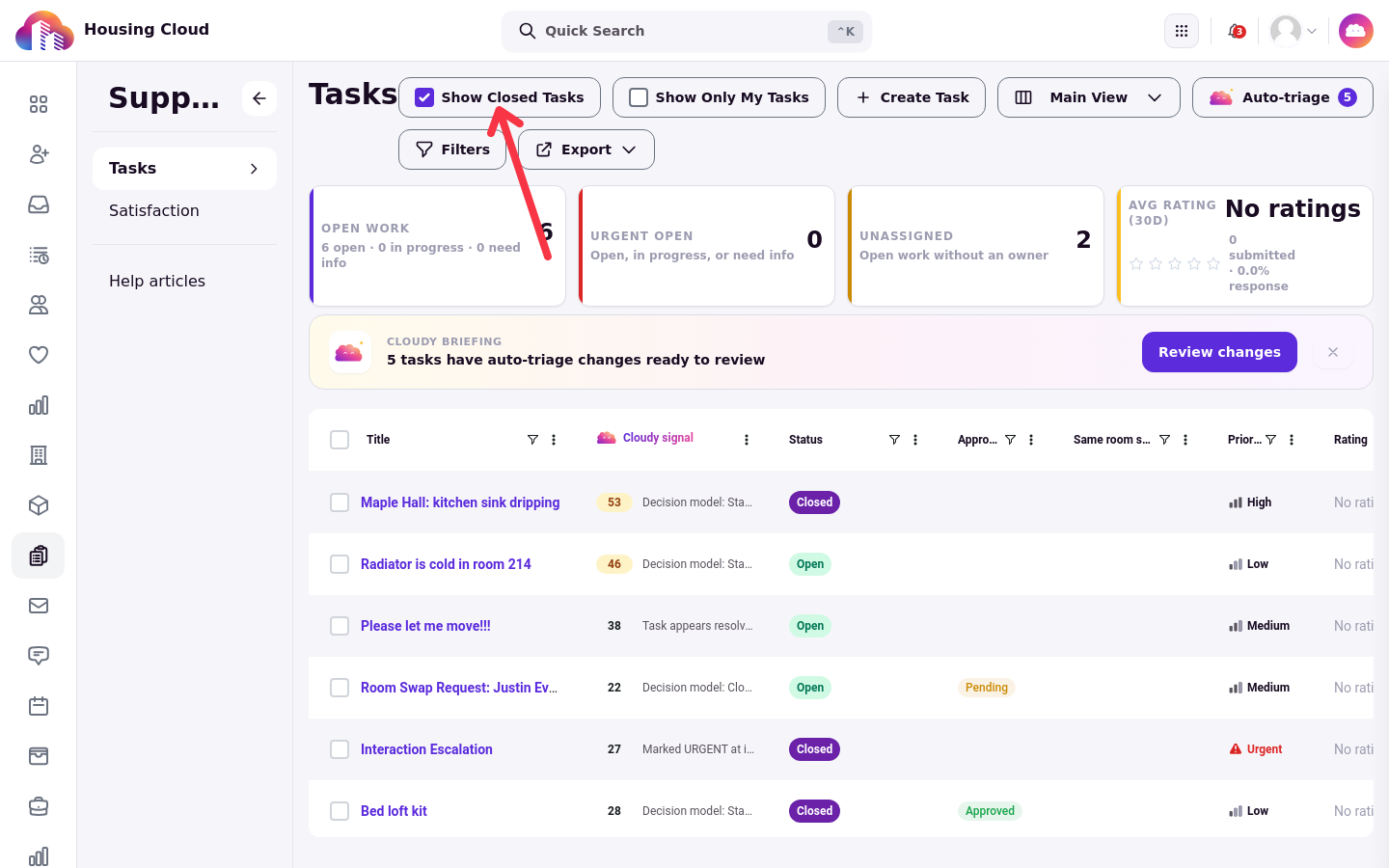 The Tasks queue with Show Closed Tasks checked, listing closed and cancelled tasks.