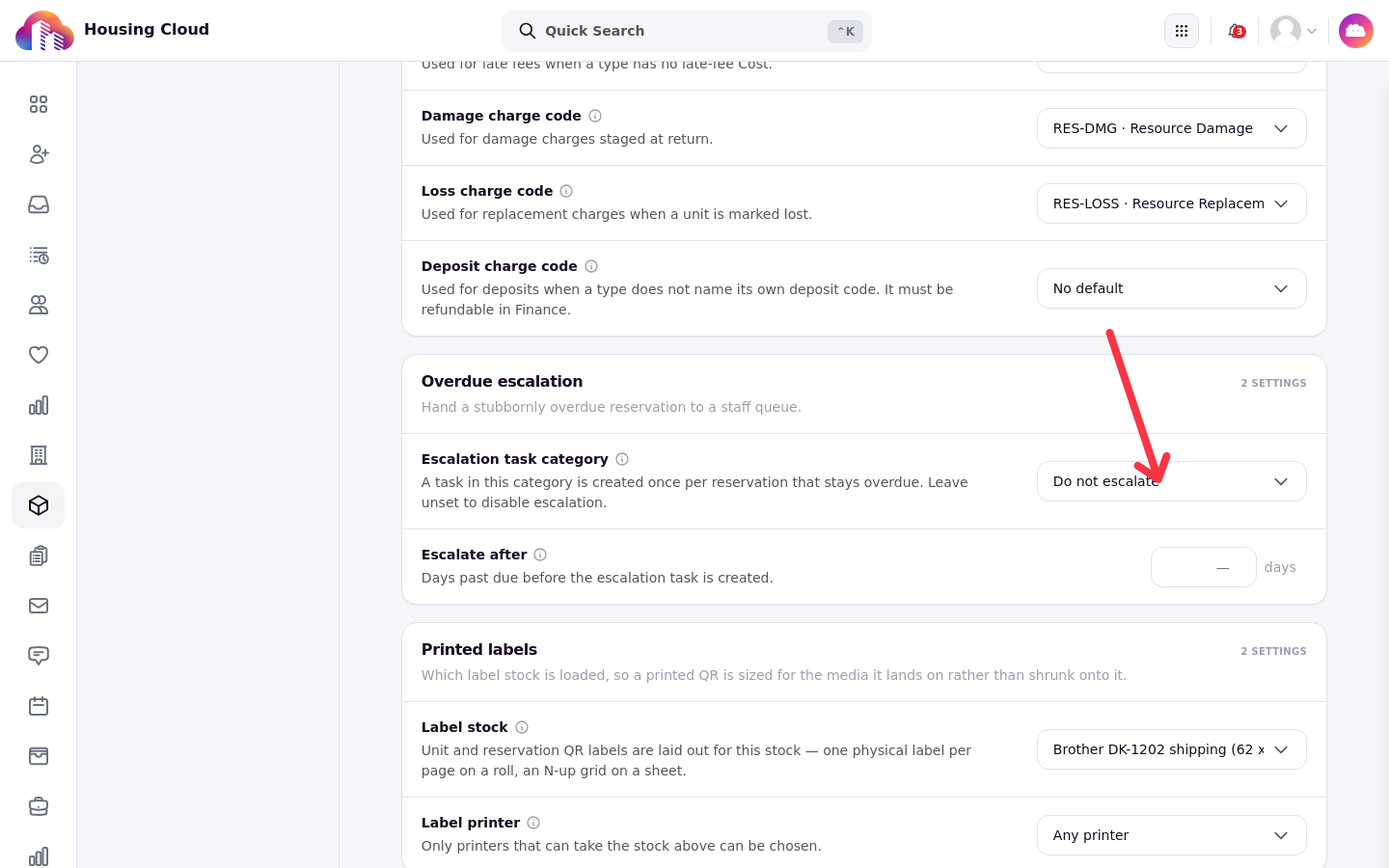 Overdue escalation card with the Escalation task category field annotated