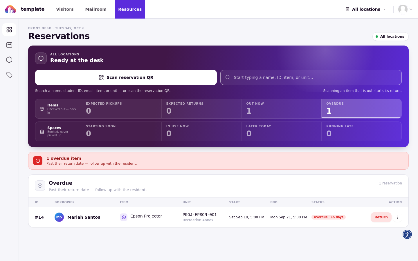 The Overdue queue showing the overdue banner, its follow-up text, and the overdue item row