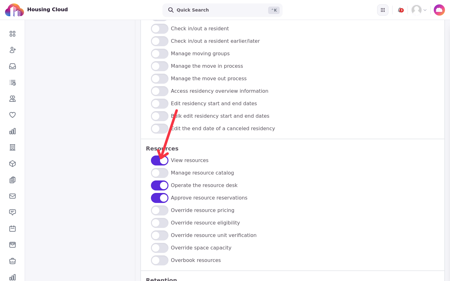 Role editor showing the Resources permission group with its nine permissions