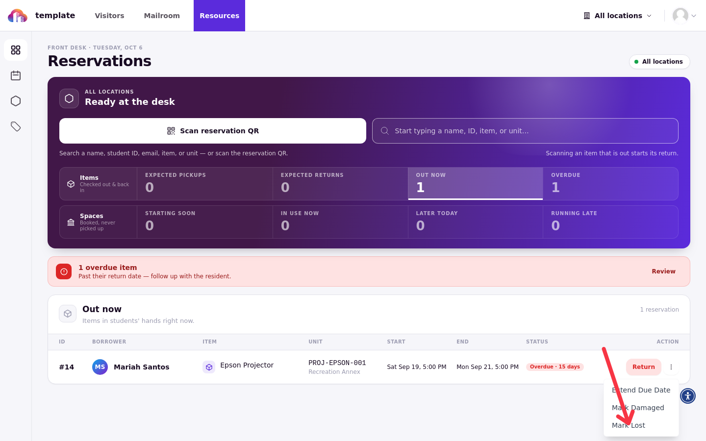 A loan row's overflow menu showing Extend Due Date, Mark Damaged, and Mark Lost
