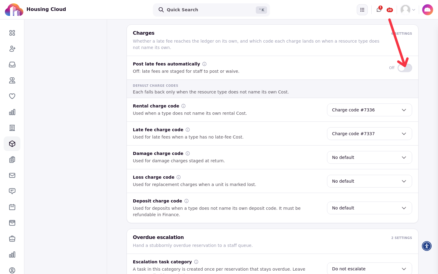 The Charges section of Resource Settings with an arrow pointing at the Post late fees automatically setting