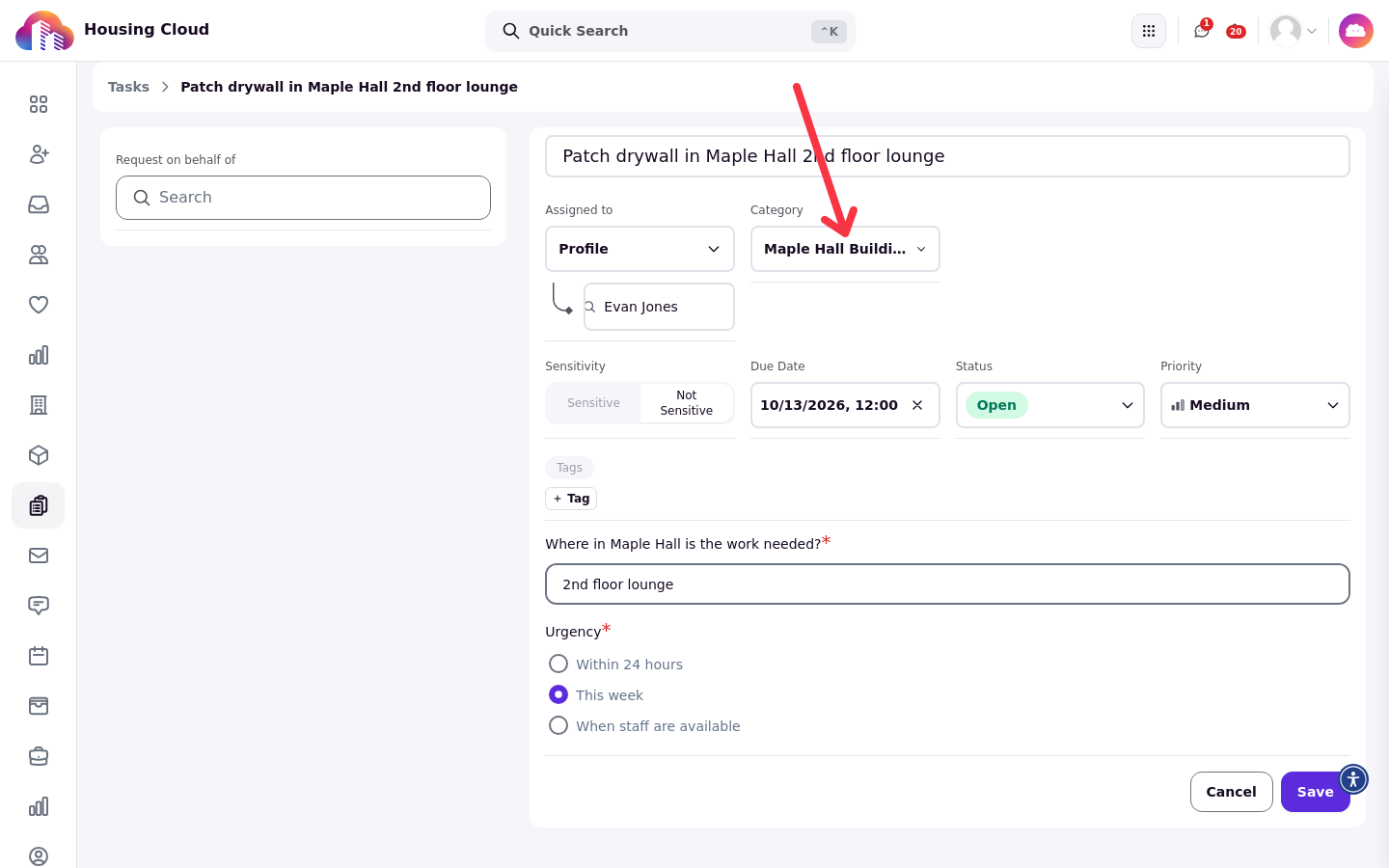 The new task form with the Maple Hall Building Work request type selected and its custom form questions answered