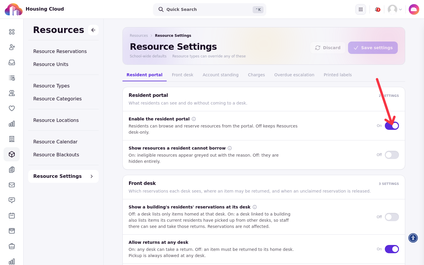 The Resource Settings page with the Enable the resident portal toggle highlighted