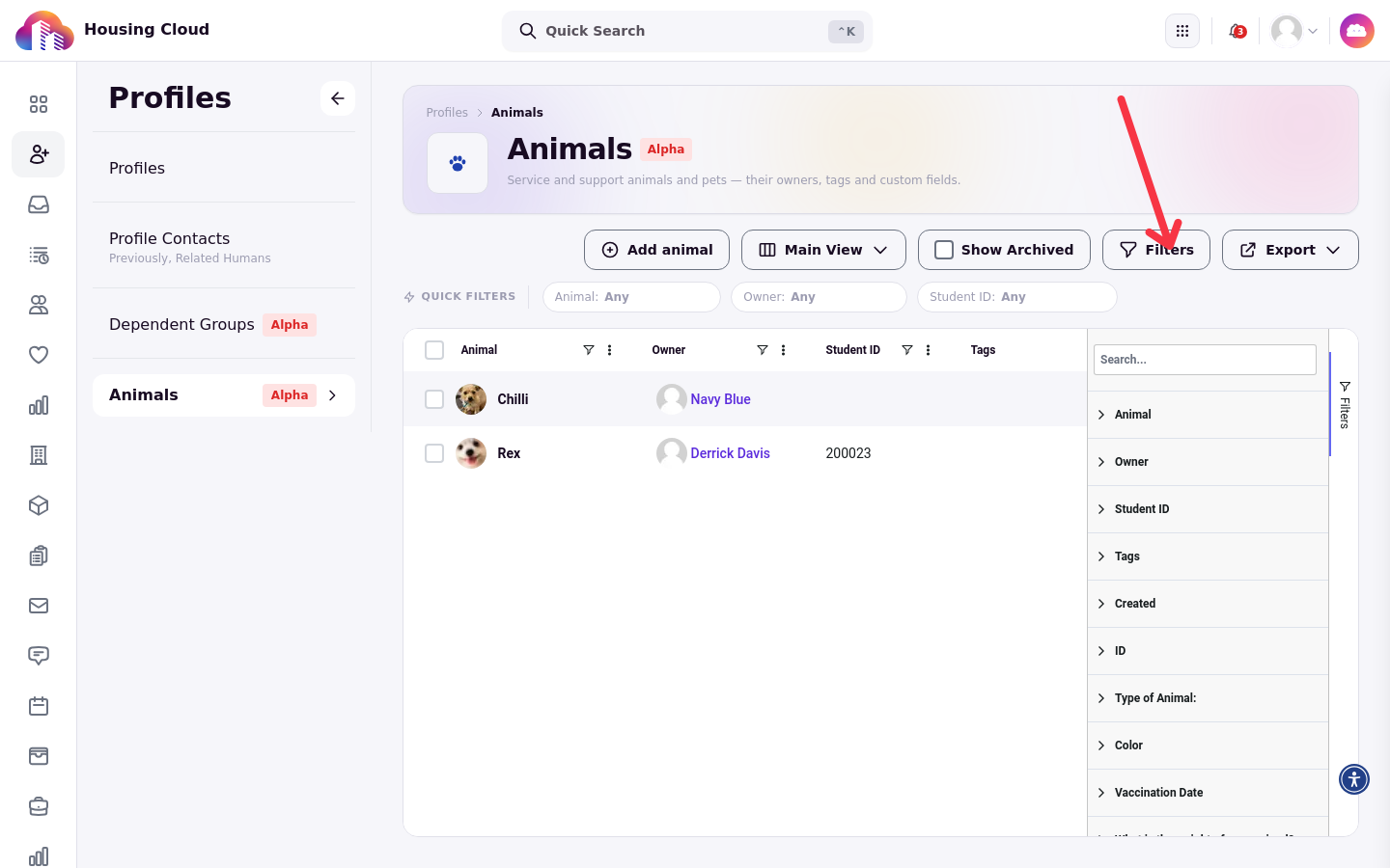 The Filters panel open on the Animals roster with additional filter conditions