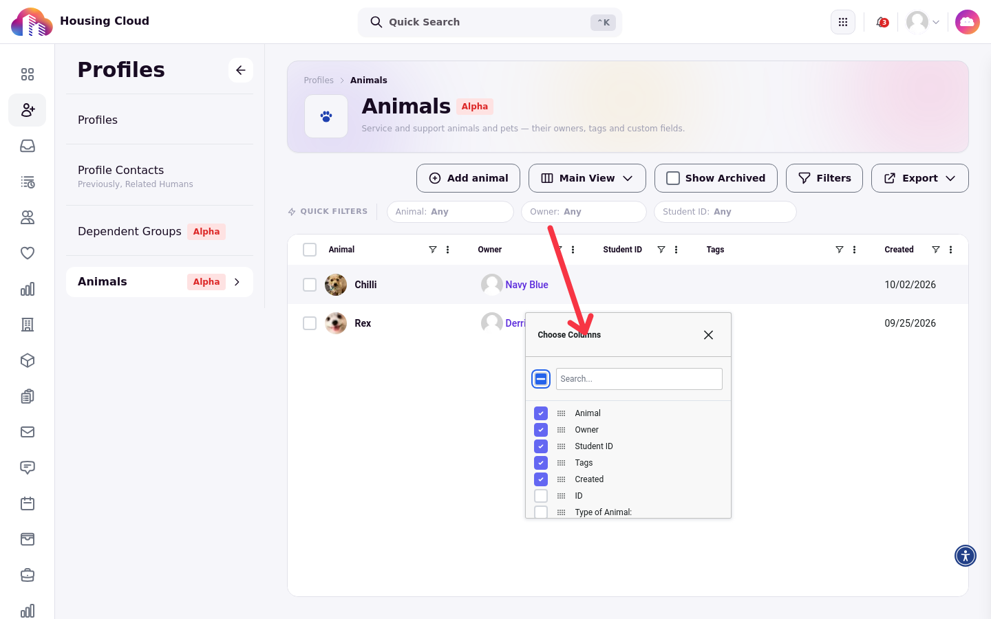 The Choose Columns panel open on the Animals roster, listing the ID and Type of Animal columns