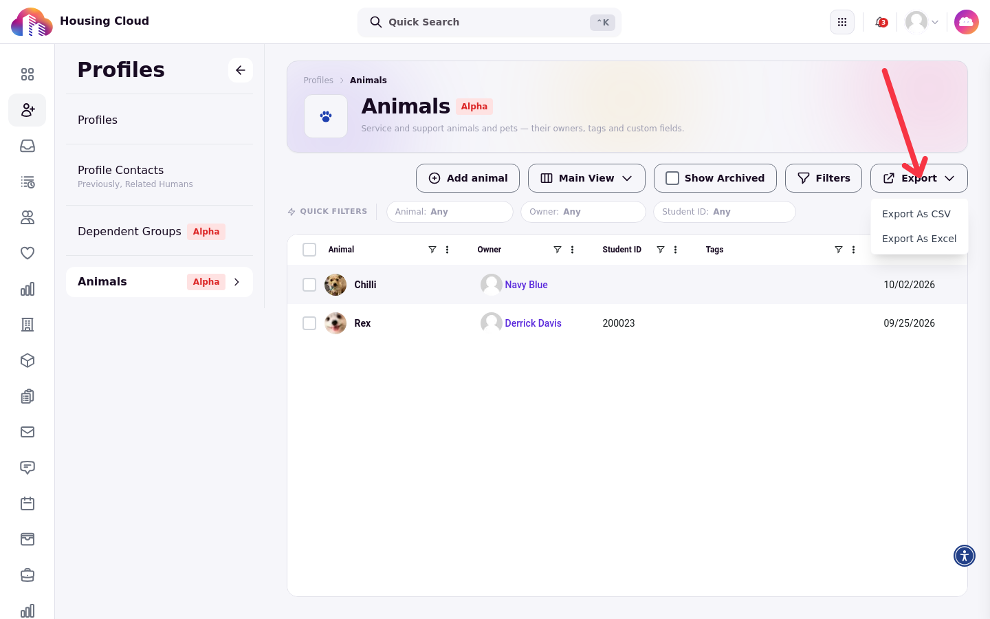The Export menu open on the Animals roster with Export As CSV and Export As Excel options