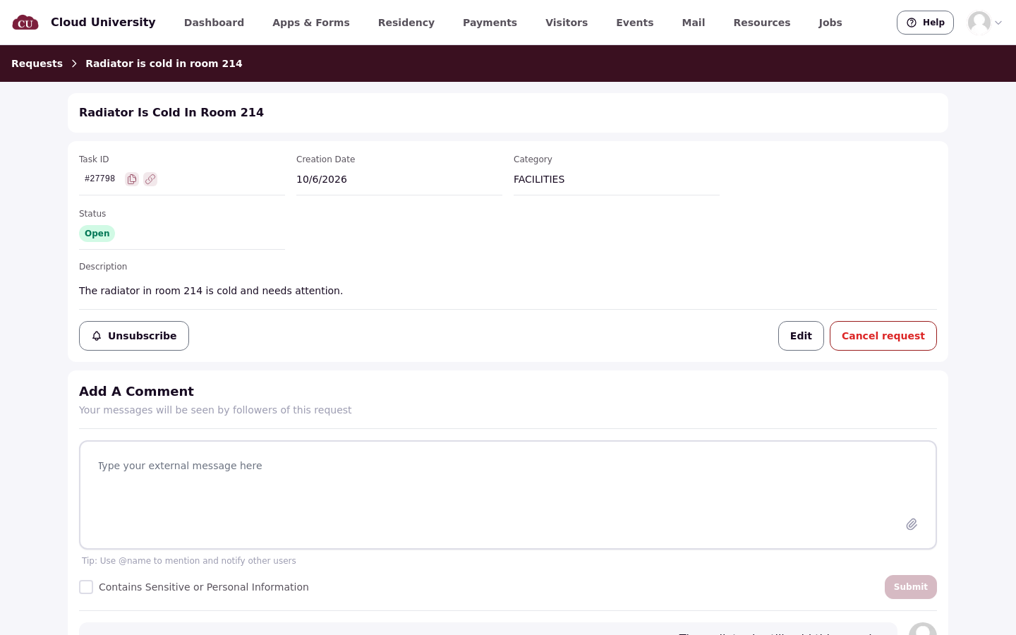 The legacy request page for Radiator is cold in room 214, showing the Open status, the request details and the Add a comment box