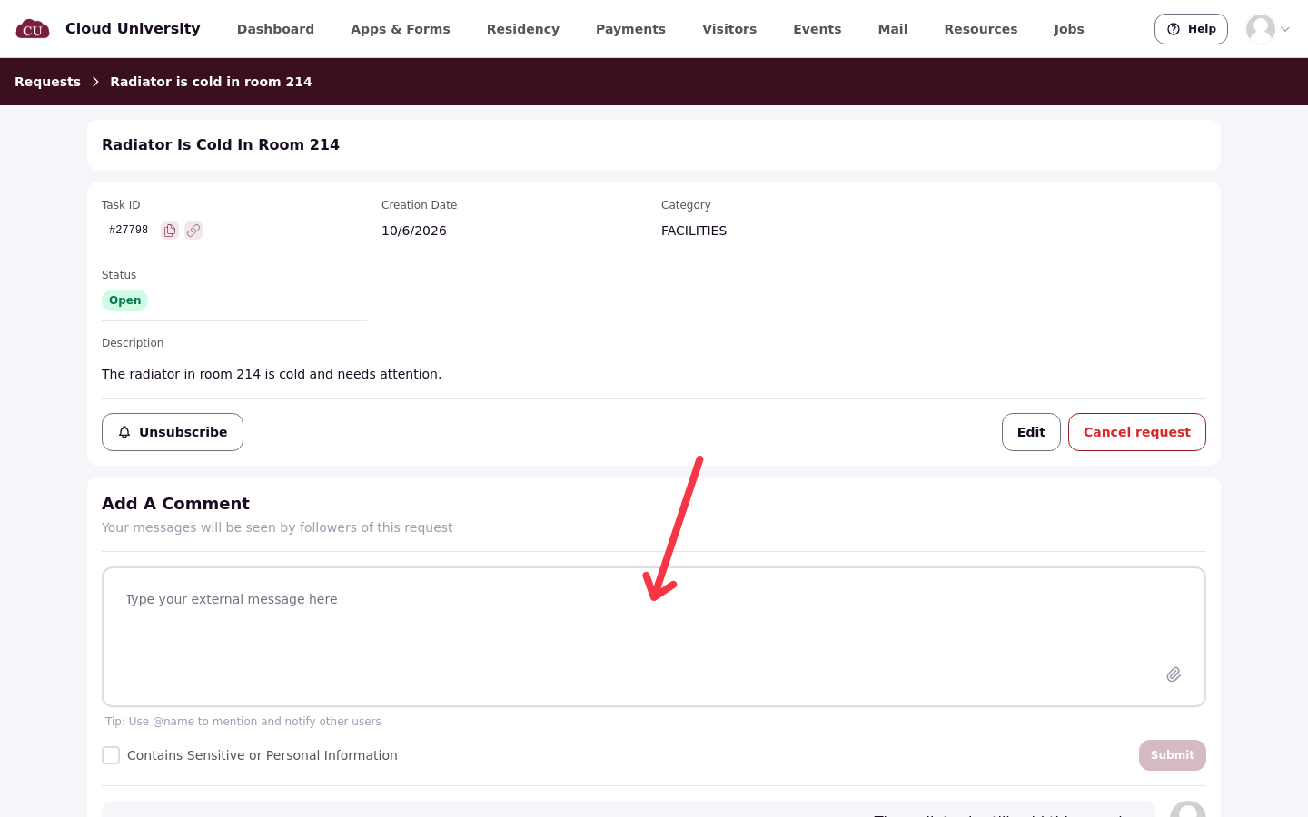 The Add a comment box on the legacy request page, with an arrow pointing at it