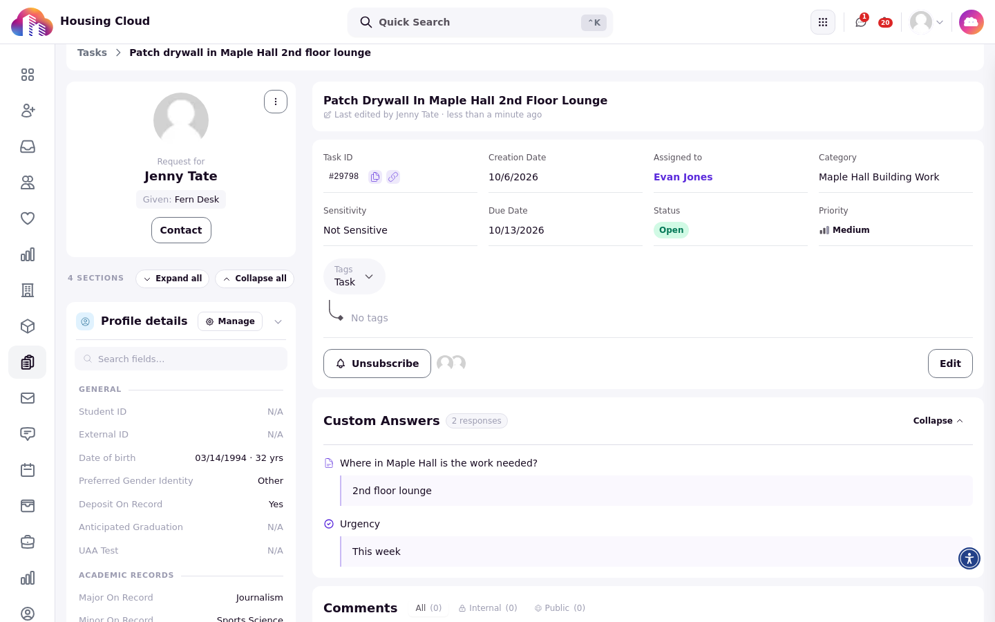 The saved task page showing the task title, details card, and Custom Answers card