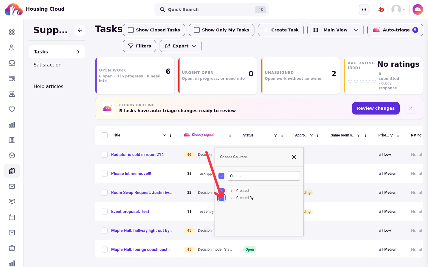 The Choose Columns dialog with an arrow pointing at the checked Created By checkbox