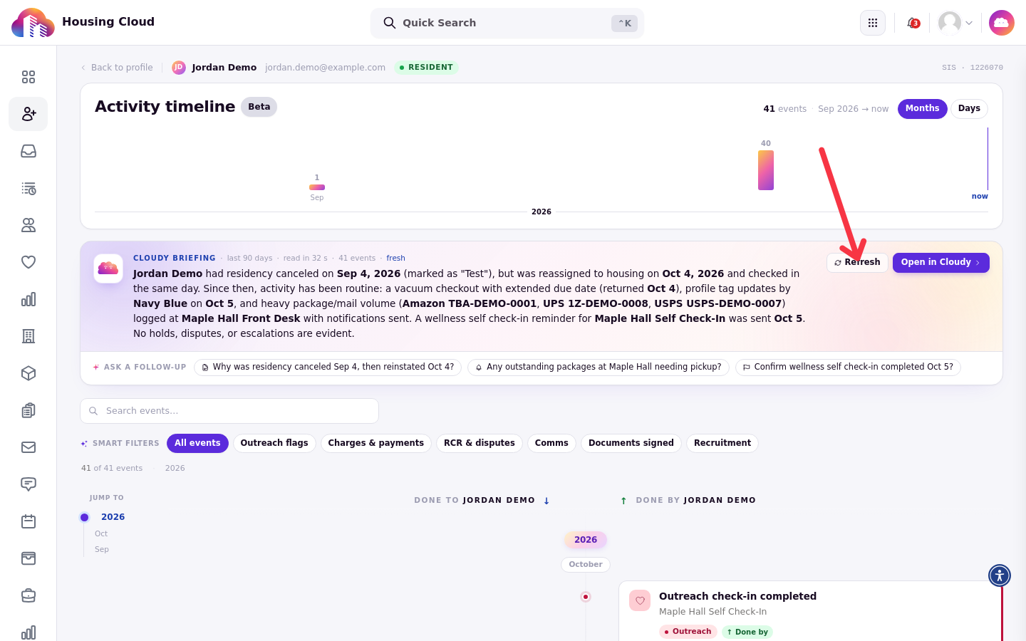 The full activity timeline with an arrow pointing at the Refresh button on the Cloudy briefing card