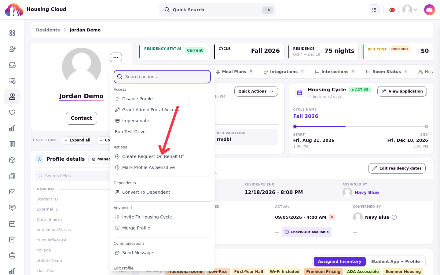 A resident's profile page with the Profile actions menu open and an arrow pointing to Create Request On Behalf Of