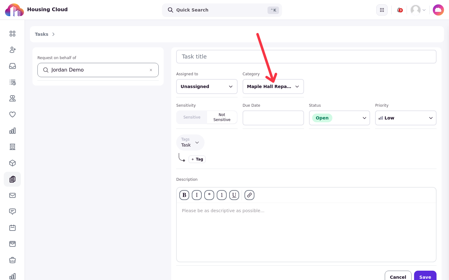 The request form showing Request on behalf of Jordan Demo, with an arrow pointing to the Category dropdown