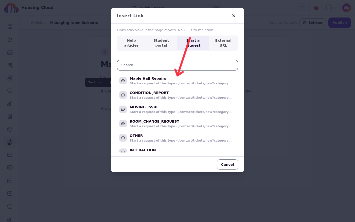 The link picker open on the Start a request tab, listing request types