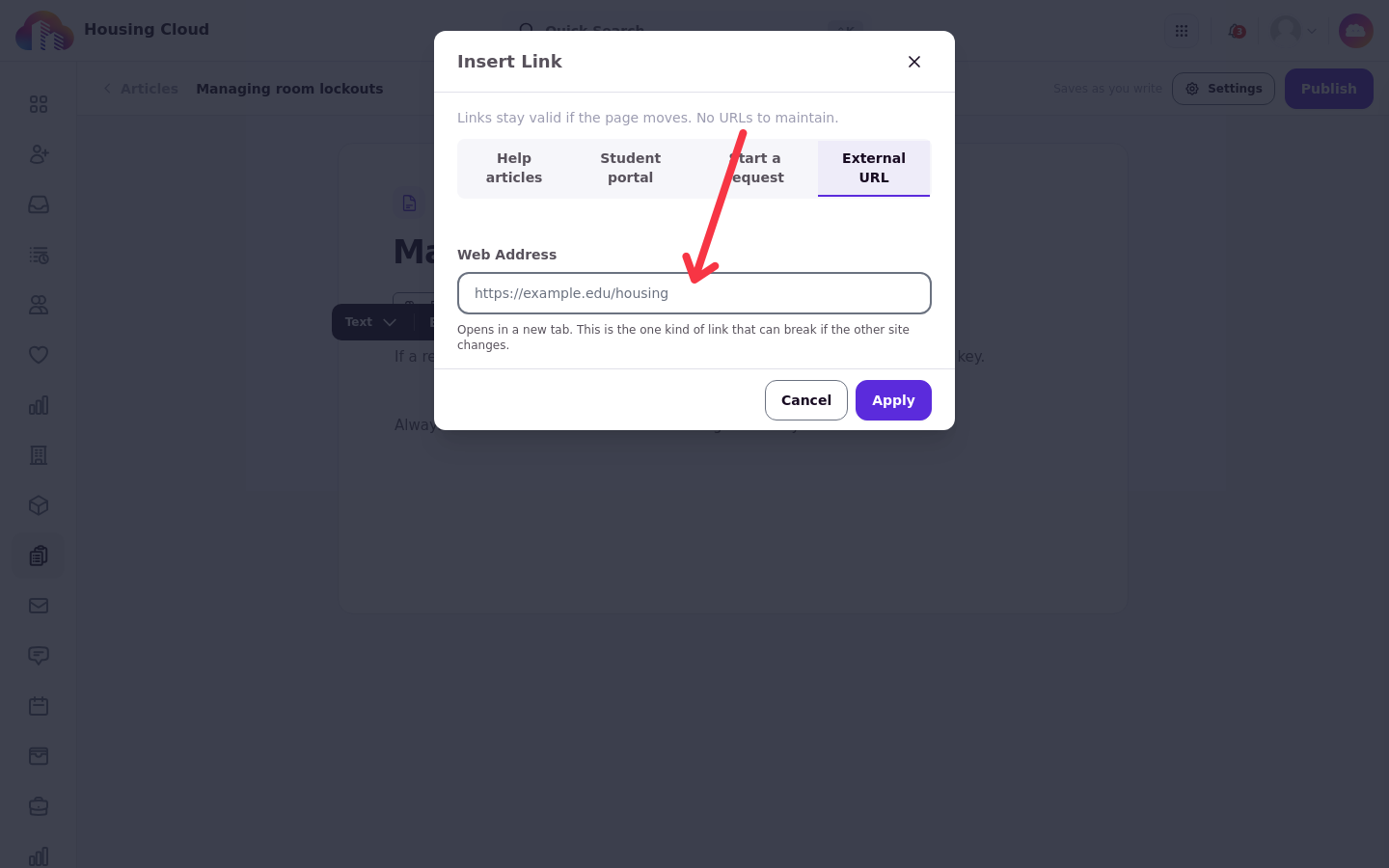 The External URL tab of the link picker with the Web Address field