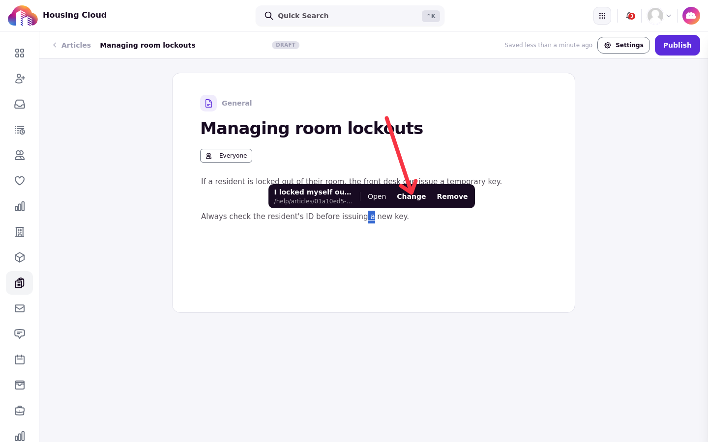 The link inspector showing a link's destination with Open, Change and Remove buttons