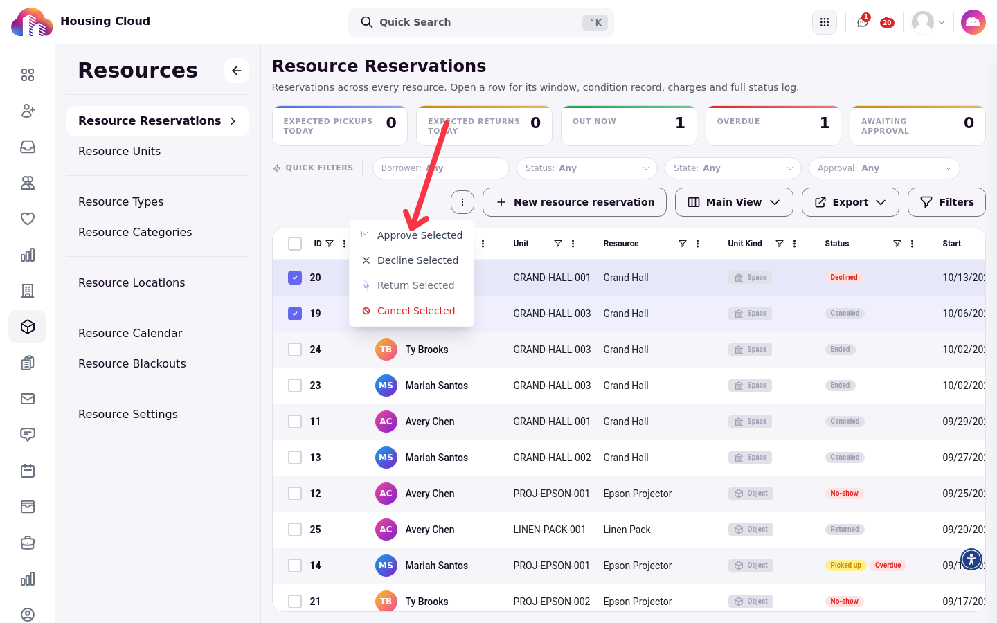 Selecting rows in the reservations grid opens the bulk actions menu with Approve Selected and Decline Selected