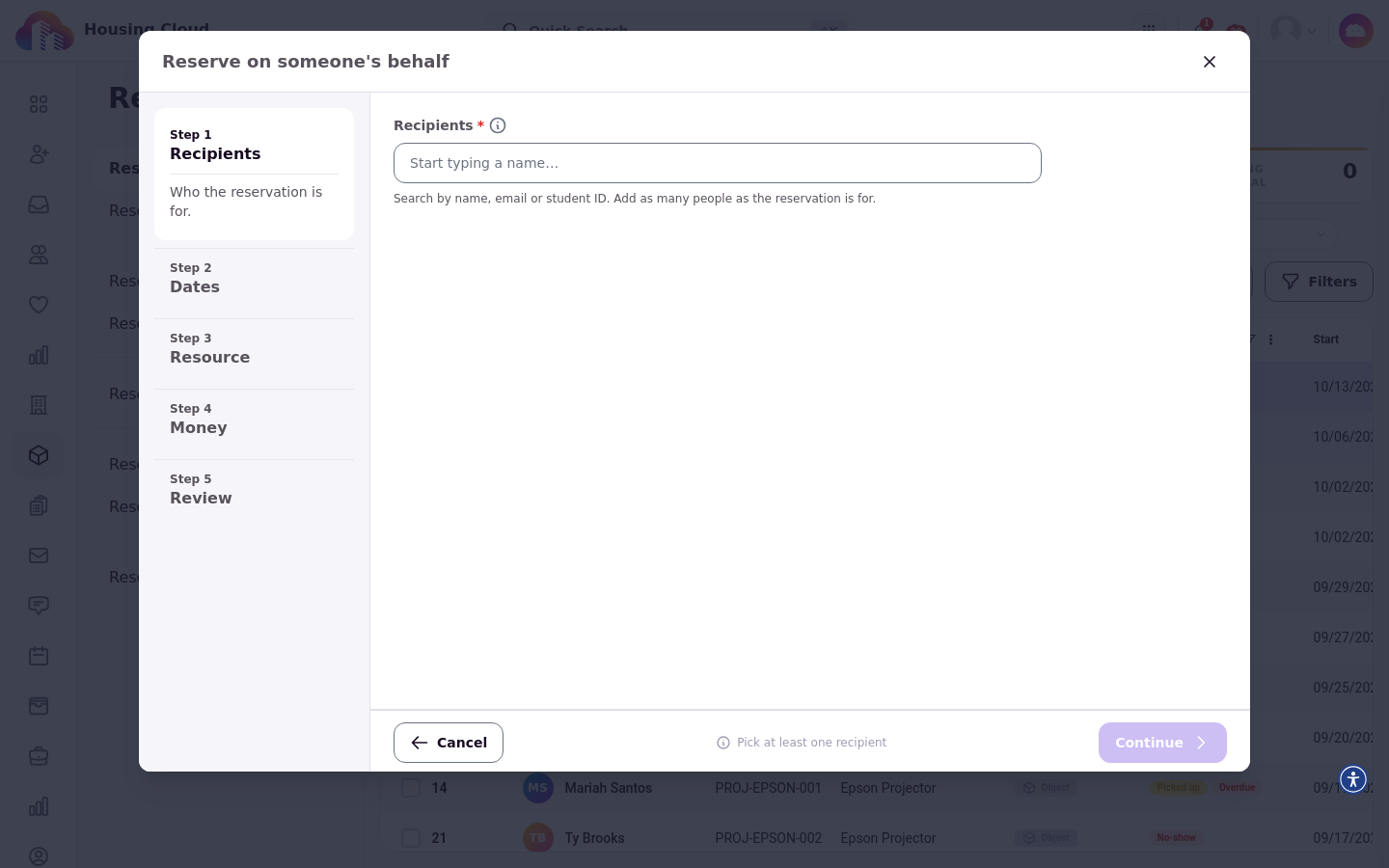 The Reserve on someone's behalf wizard at the Recipients step, with Dates, Resource, Money, and Review steps to follow