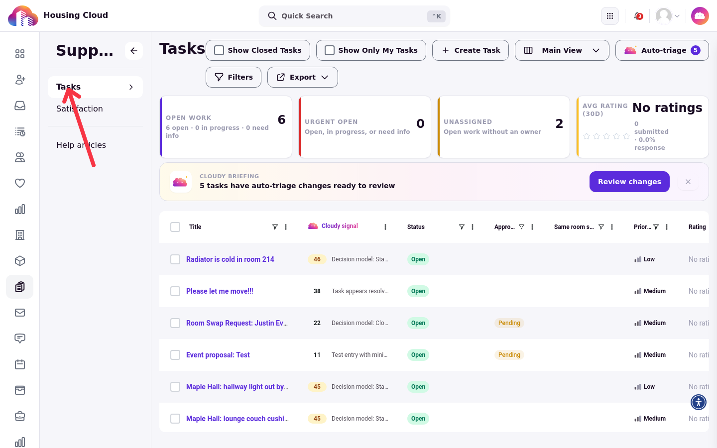 The Housing Cloud Tasks queue with the Tasks item highlighted in the sidebar