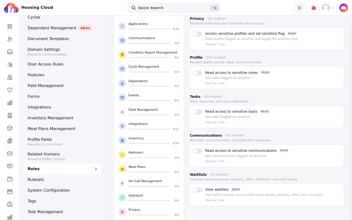 A role detail page searched for sensitive, showing Read access to sensitive notes and Read access to sensitive tasks with their toggles off