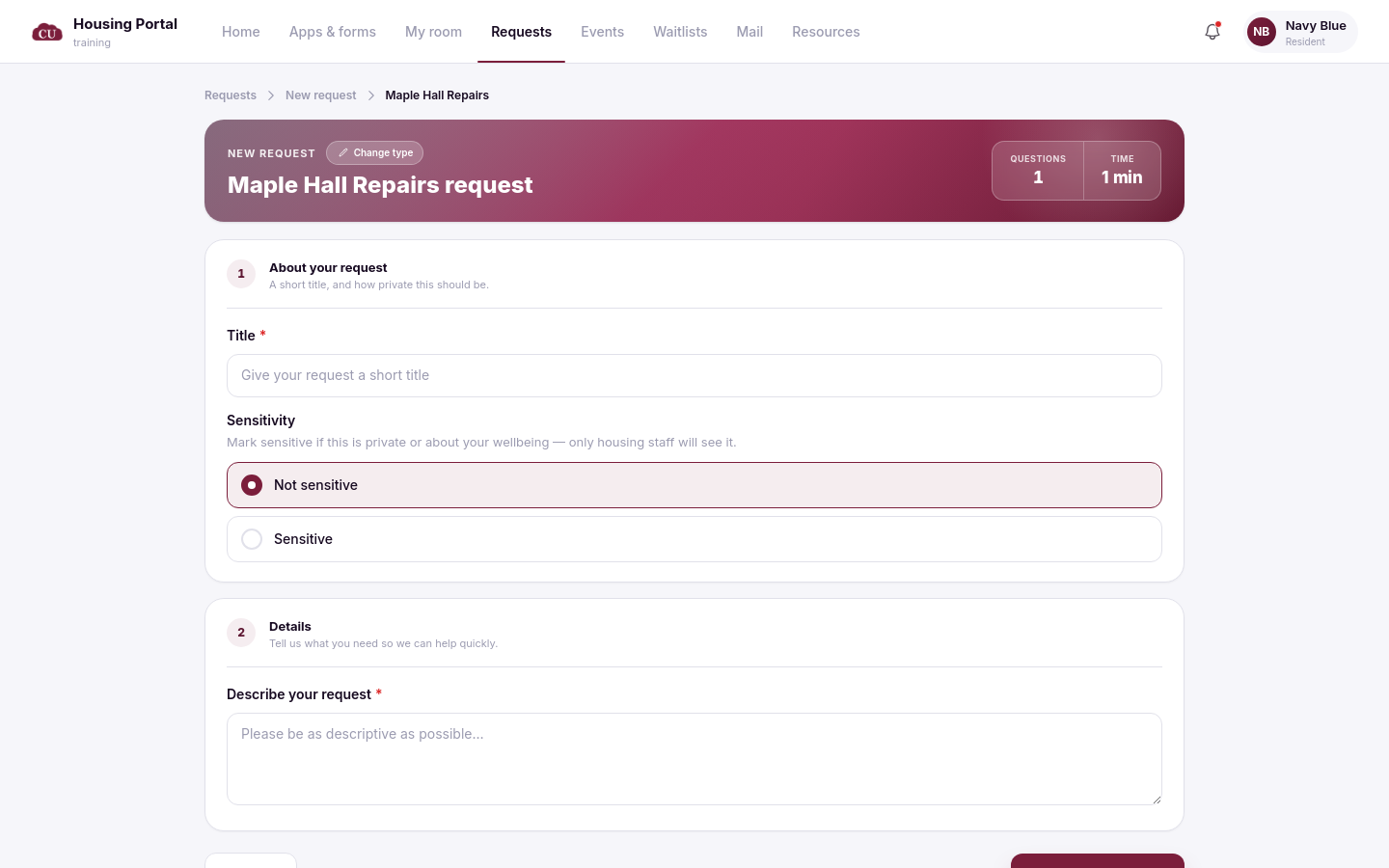 The resident request form showing the Title field and the Sensitivity choice between Not sensitive and Sensitive