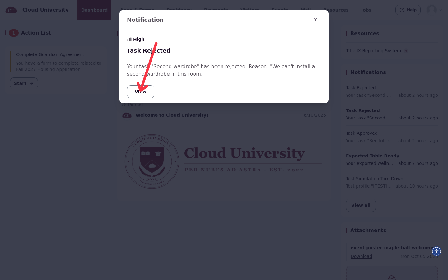 The Task Rejected notification on the resident's dashboard, showing the rejection reason