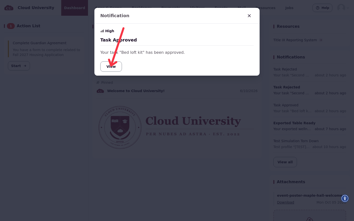 The Task Approved notification on the resident's dashboard