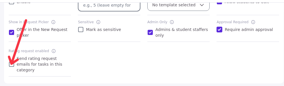 A task category card in edit mode, showing the Rating request enabled section and the Send rating request emails for tasks in this category checkbox