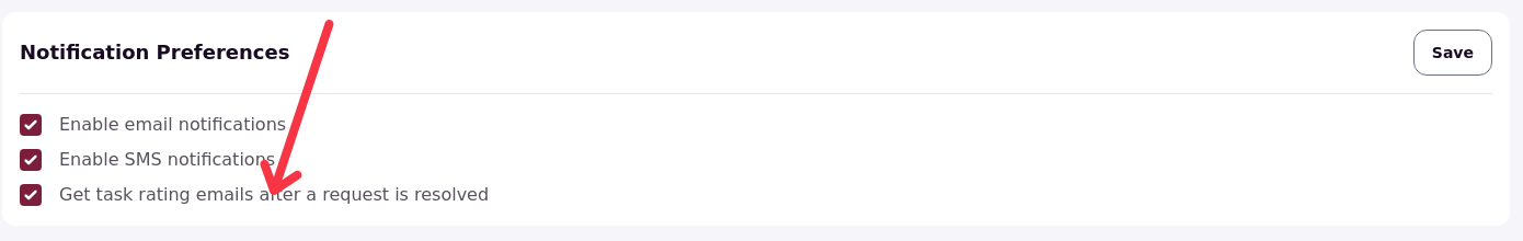The Notification Preferences page with the Get task rating emails after a request is resolved setting ticked