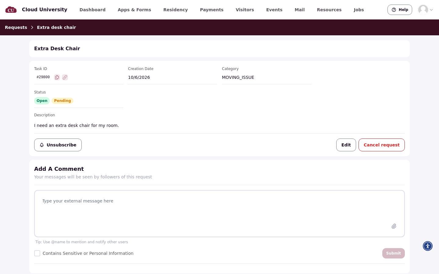 The resident's request showing the Pending tag beside its Open status