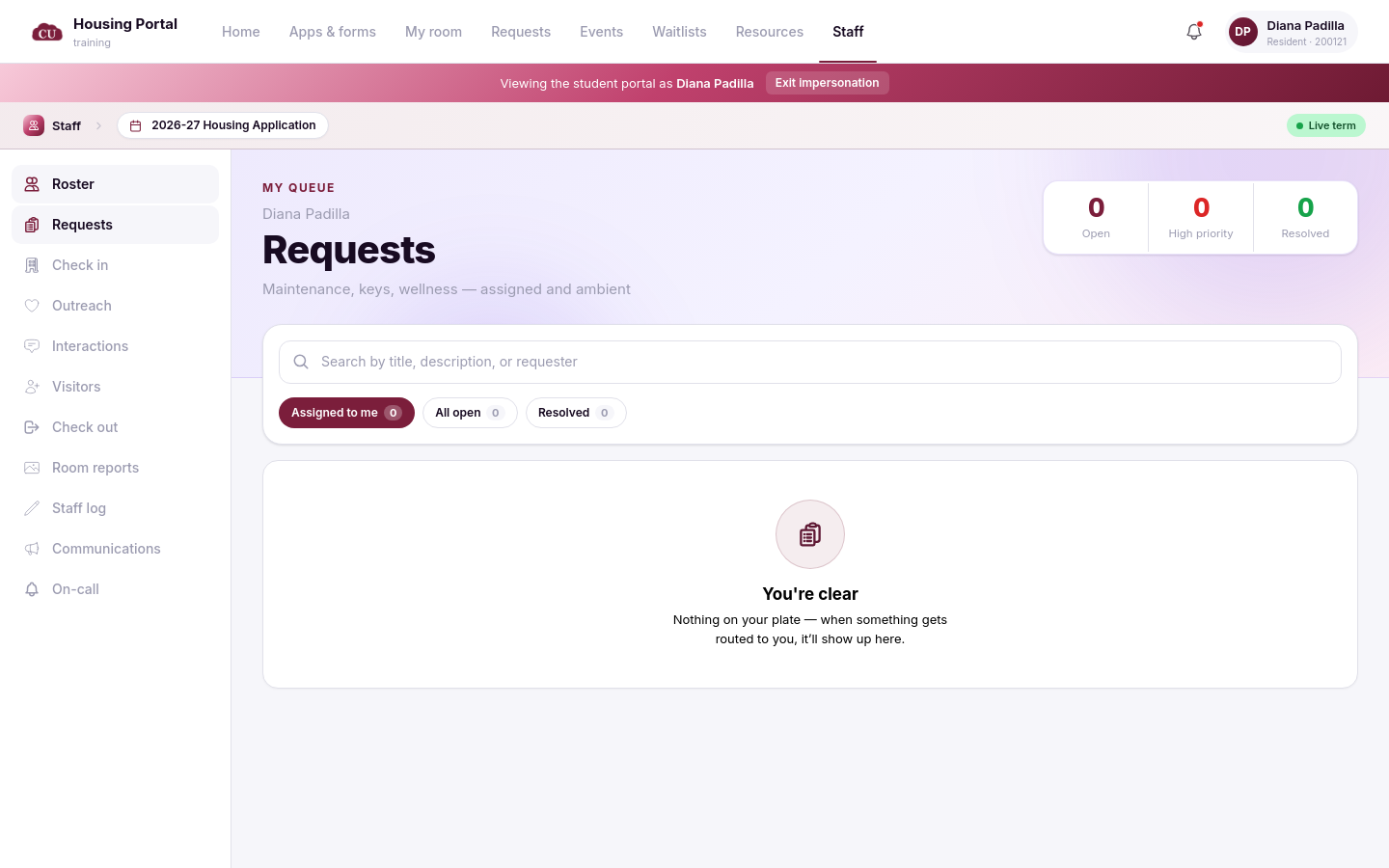 The staff portal Requests page with the Assigned to me, All open, and Resolved tabs and an empty queue