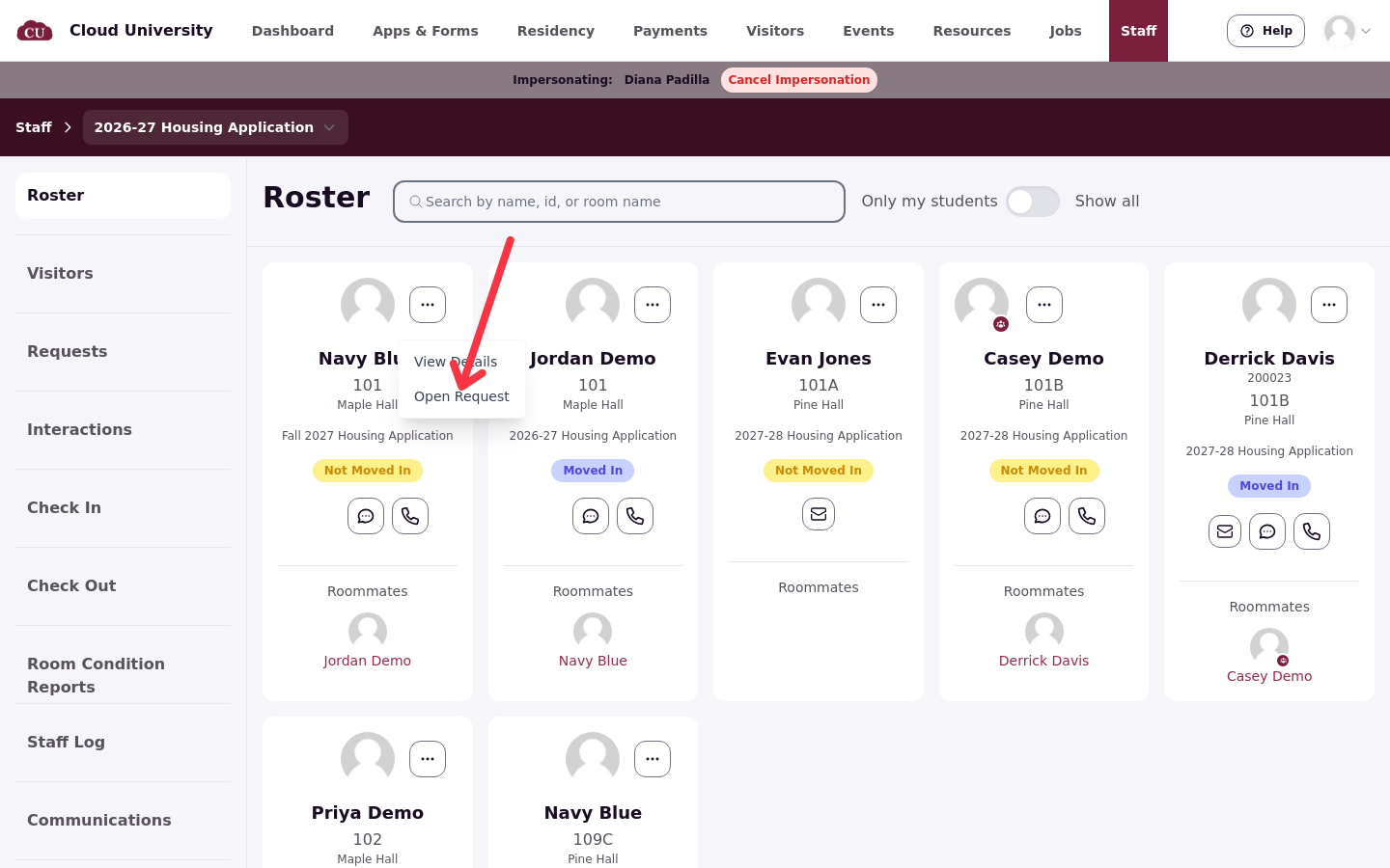 The staff roster with a resident card's menu open and an arrow pointing to Open Request